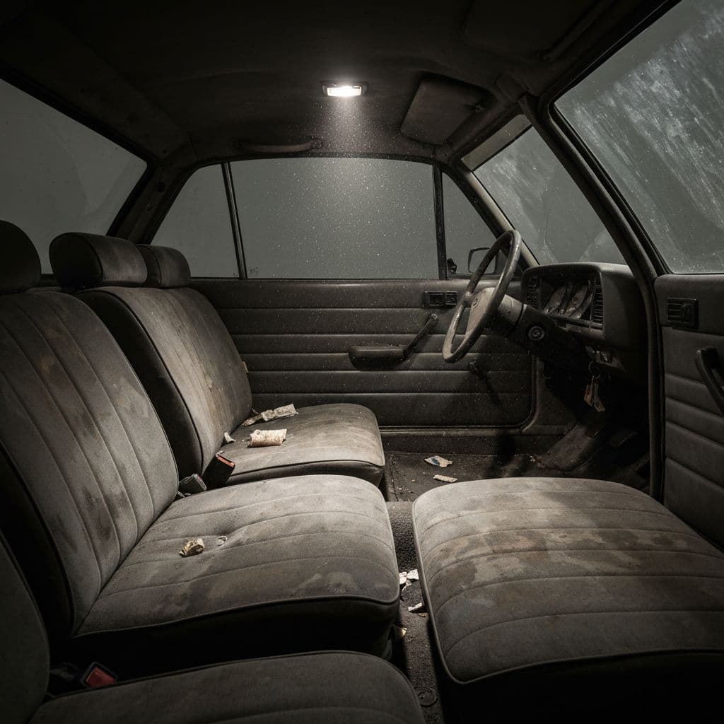 Dirty car interior before professional detailing
